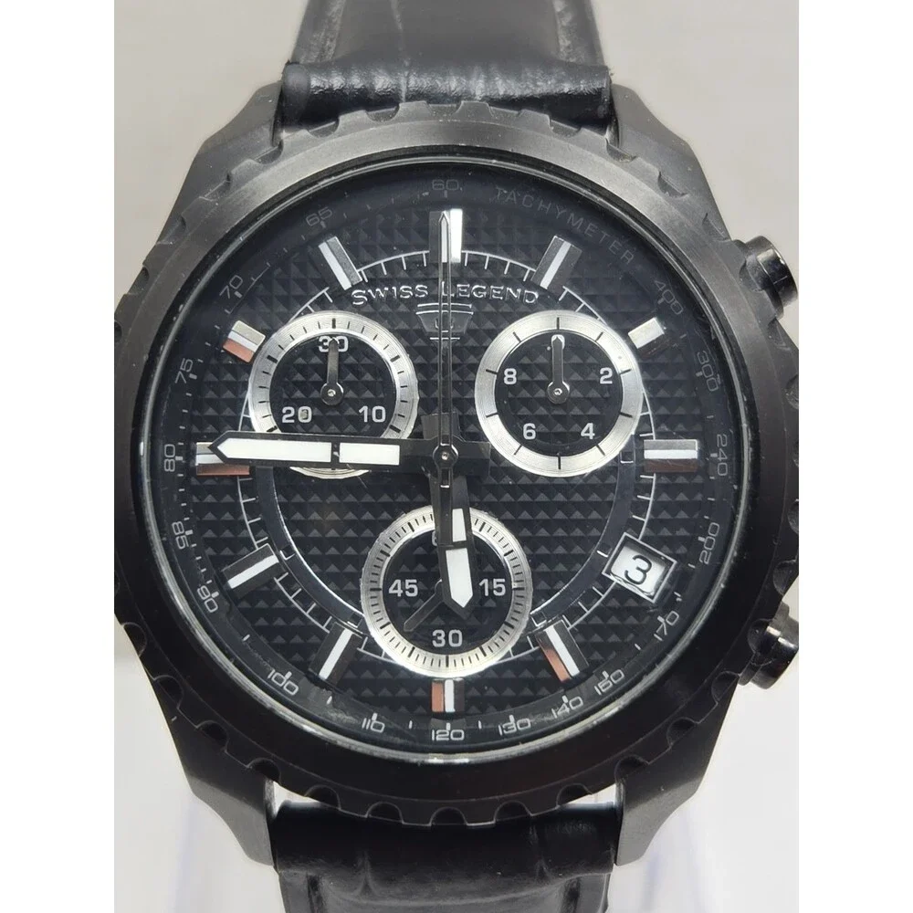 Swiss Legend The Vault Chronograph Black Leather Mens Watch 43mm New Battery